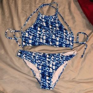 Blue Tie-dye High Neck Criss Cross Back Bikini Top